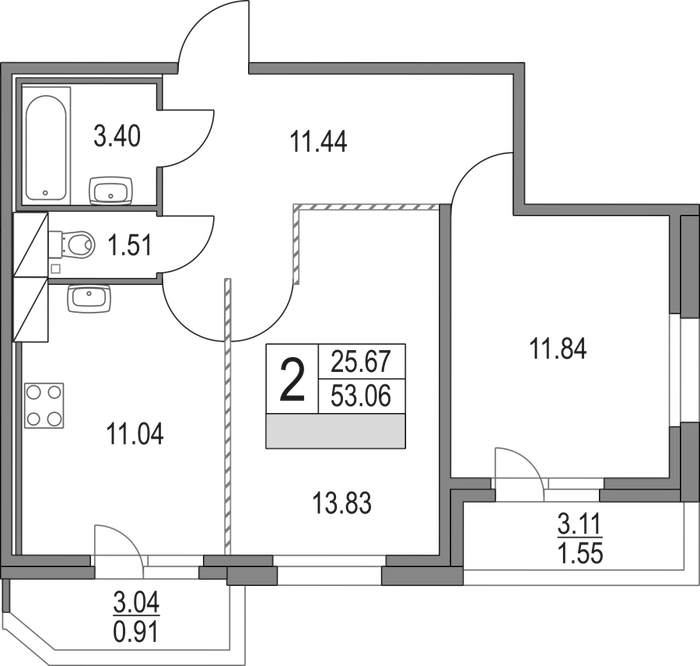 2-комнатная квартира 53.06 м², 4/16 эт., ЖК «Приморский квартал»